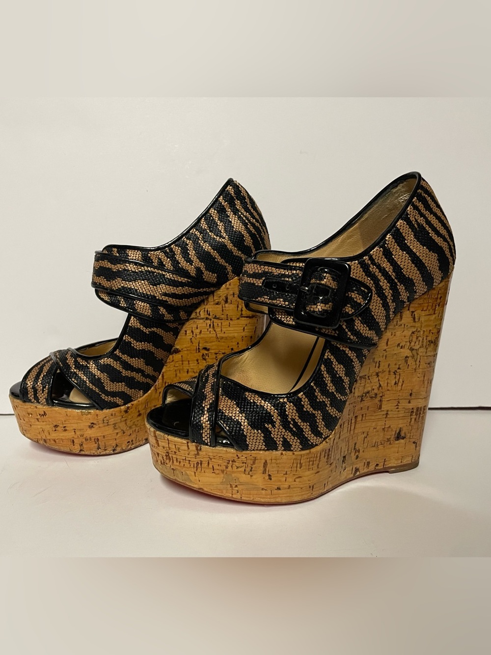 Christian Louboutin Black and Tan Zebra Cork Wedge Mary Jane Pumps 36